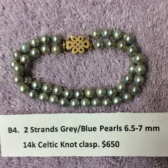 Two strands Light Blue Fresh Water Pearls with 14k Gold Celtic Knot cl - Picture 1 of 2